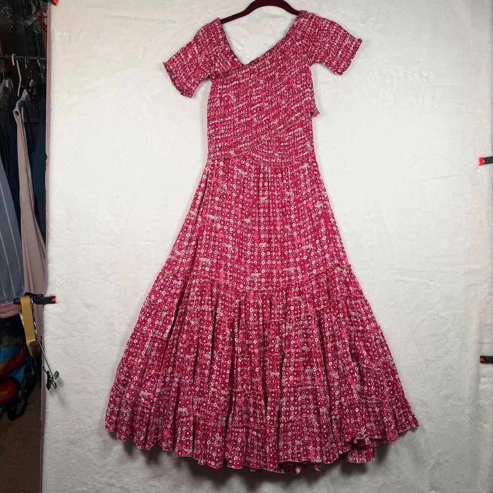 Poupette St Barth XS Pink Smocked Maxi Dress Off Shoulder Tiered Boho Floral